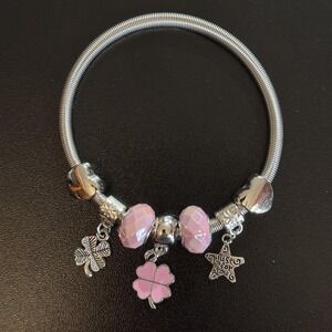 D'Bello Pink Charm Beaded Bracelet Women Clover Star Heart Luck Love Jewelry NEW